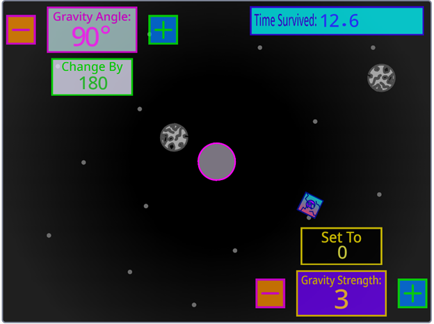 A square with cracks in it that's orbiting a grey circle with a magenta outline, and two circular pieces of debris, on a background that's like outer space but more grey.